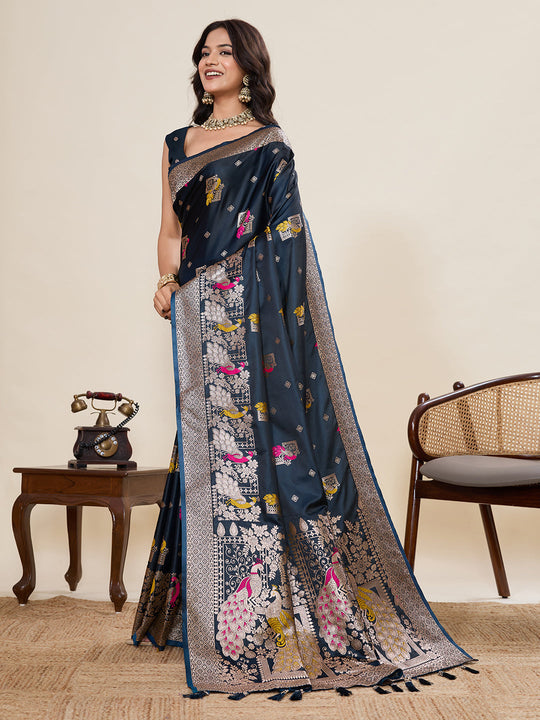 Blue Soft Silk Sarees Premium Two Tone Satin Fabric With Unique Pathani Type Designs Saree With Blouse Piece