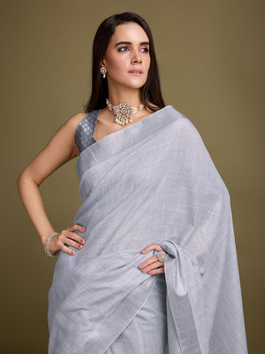 Grey Linen Blend Daily Wear Saree With Blouse Piece