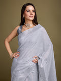 Grey Linen Blend Daily Wear Saree With Blouse Piece
