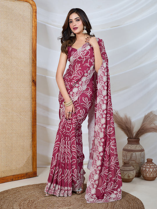 Poly Georgette Geometric Print Saree With Embroidery And Scaloping Work With Unstitched Blouse Piece