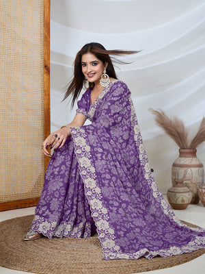 Poly Georgette Geometric Print Saree With Embroidery And Scaloping Work With Unstitched Blouse Piece