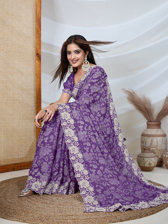 Poly Georgette Geometric Print Saree With Embroidery And Scaloping Work With Unstitched Blouse Piece