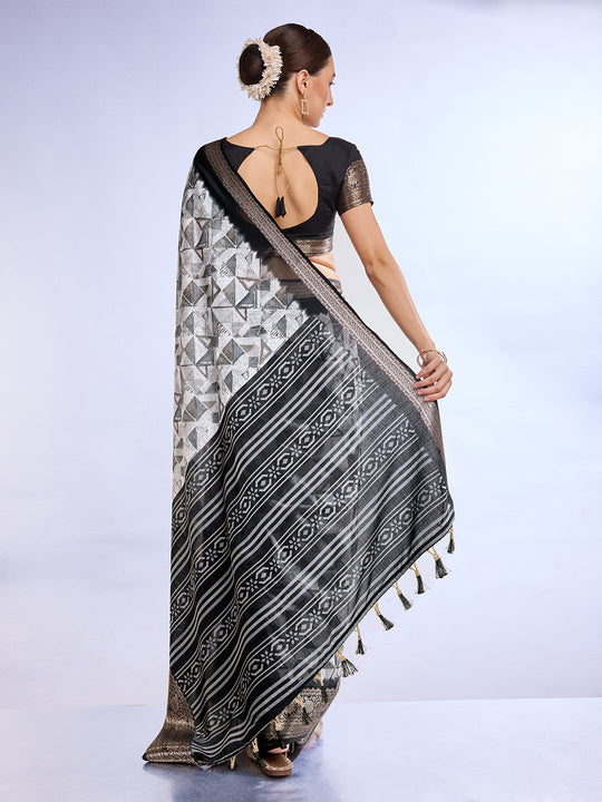 White & Black Dola Silk Saree With Blouse Piece