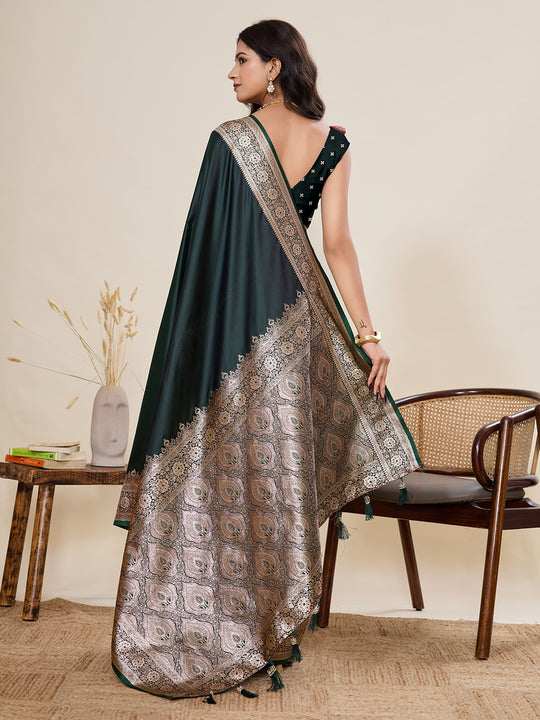 Green Pure Satin Silk Gala Border Concept Weaved With Jari And Minakari Rich Pallu Saree With Blouse Piece