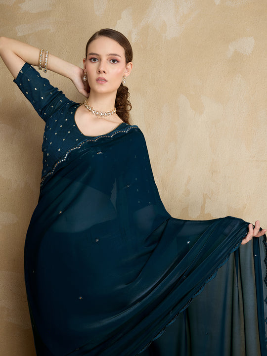 Embellished Mirror Work Organza Saree With Blouse Piece