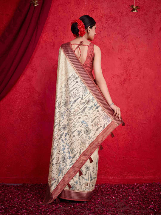 Beige Pure Tussar Viscose Border Paisley Digital Printed  With Blouse Piece