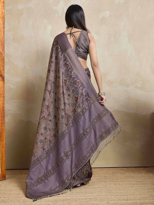 Purple Pure Handloom Tussar Woven Pallu Ajrakh Printed With Blouse Piece
