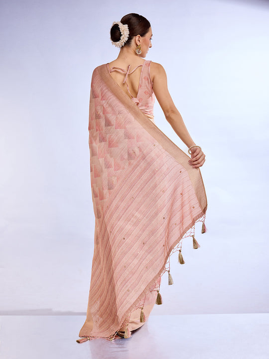 Peach Tissue Linen Blend Saree With Blouse Piece