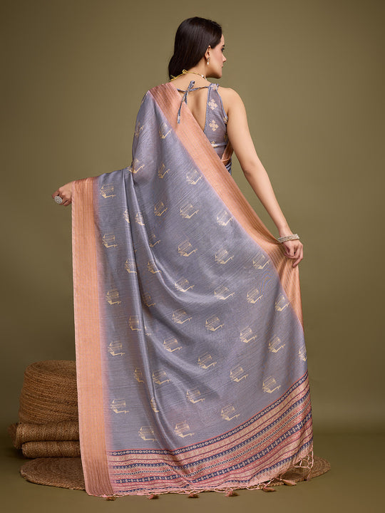 Blue Silk Blend Saree With Blouse Piece