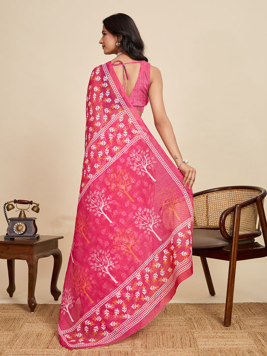 Pink Linen Saree With Jari Border All Over Single Colour Printed Saree With Blouse Piece