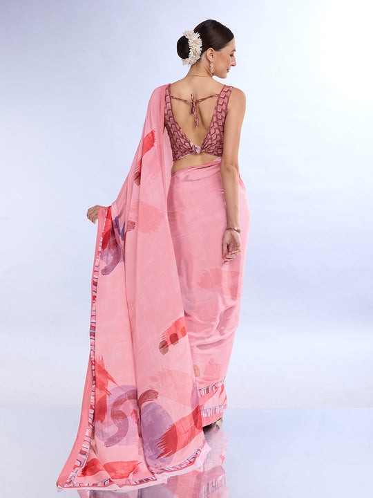 Pink Satin Saree With Blouse Piece