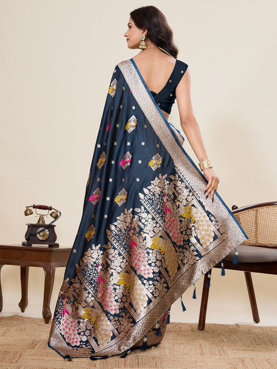 Blue Soft Silk Sarees Premium Two Tone Satin Fabric With Unique Pathani Type Designs Saree With Blouse Piece