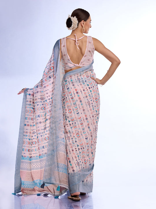 White Linen Blend Saree With Blouse Piece