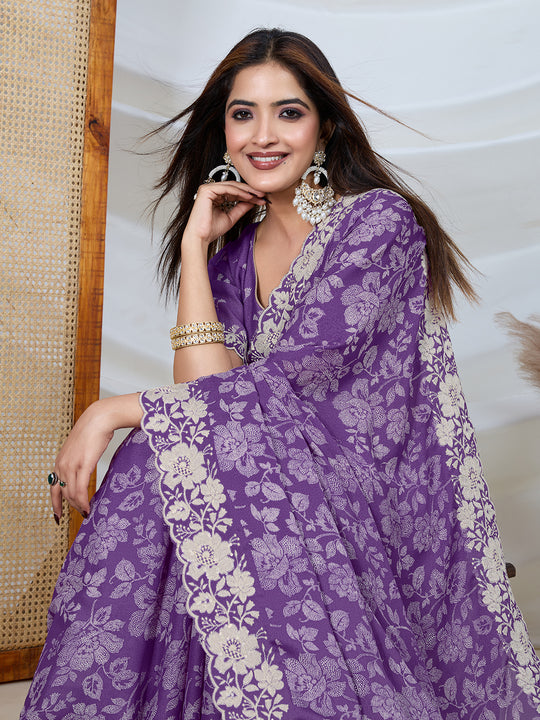 Poly Georgette Geometric Print Saree With Embroidery And Scaloping Work With Unstitched Blouse Piece