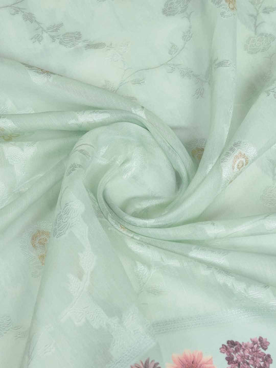 Seagreen Pure Cotton Lucknowi Woven Printed Saree With Tassels Saree With Blouse Piece