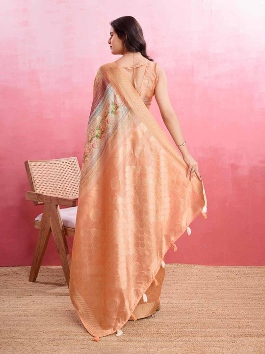 Peach Cotton Banarasi Woven Rich Pallu Printed Saree With Blouse Piece