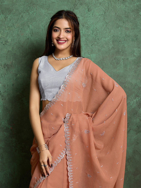 Pure Georgette Solid Embroidered Saree With Scalloping And Fancy Blouse