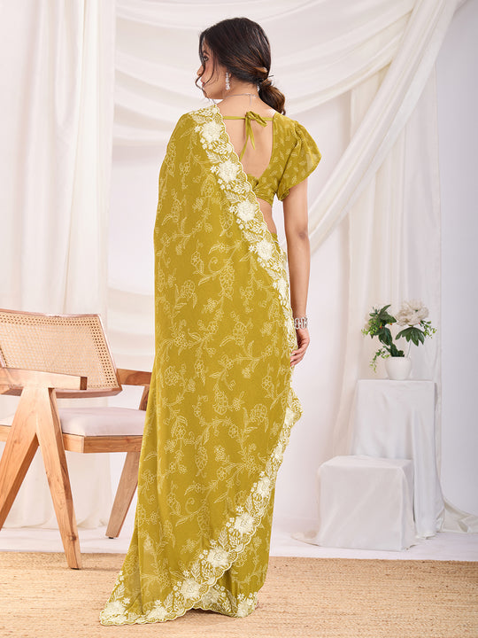 Yellow Poly Georgette Festive Wear Saree With Blouse Piece