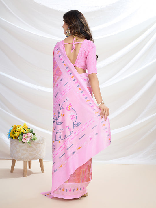 Pink Handloom Silk Festive Wear Saree With Blouse Piece