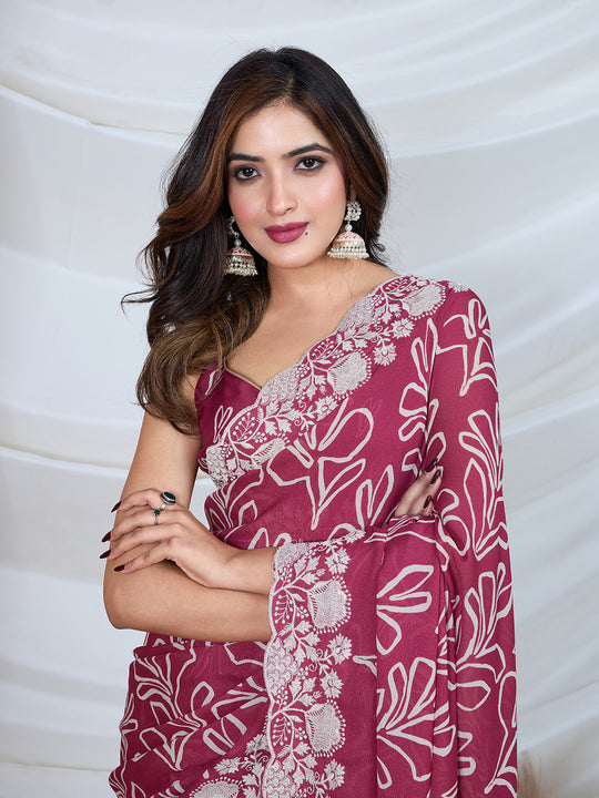 Poly Georgette Geometric Print Saree With Embroidery And Scaloping Work With Unstitched Blouse Piece