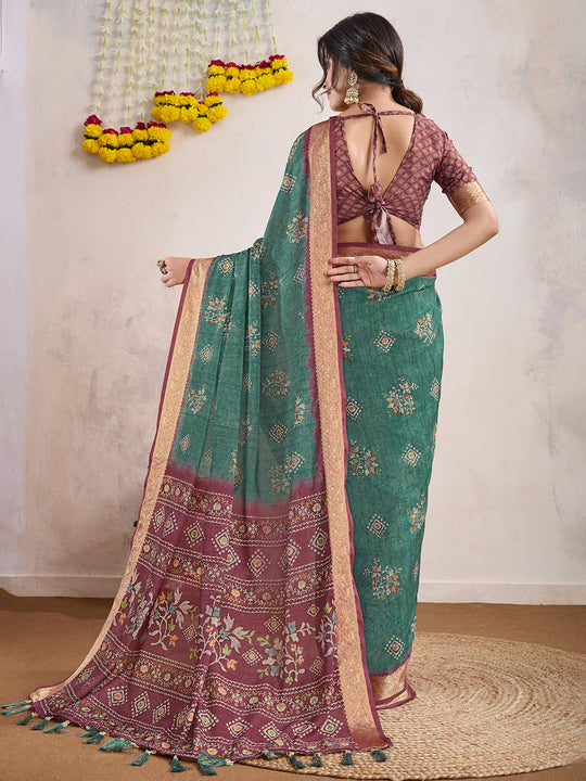 Teal Poly Crepe Festive Wear Saree With Blouse Piece