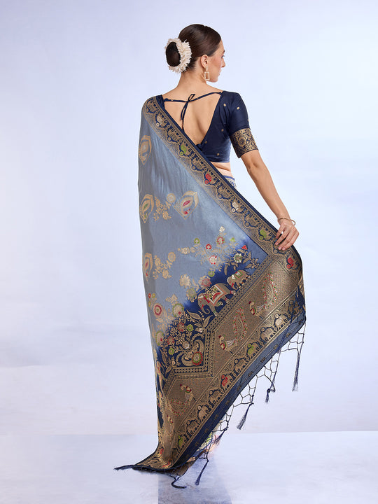 Grey Pure Silk Saree With Blouse Piece