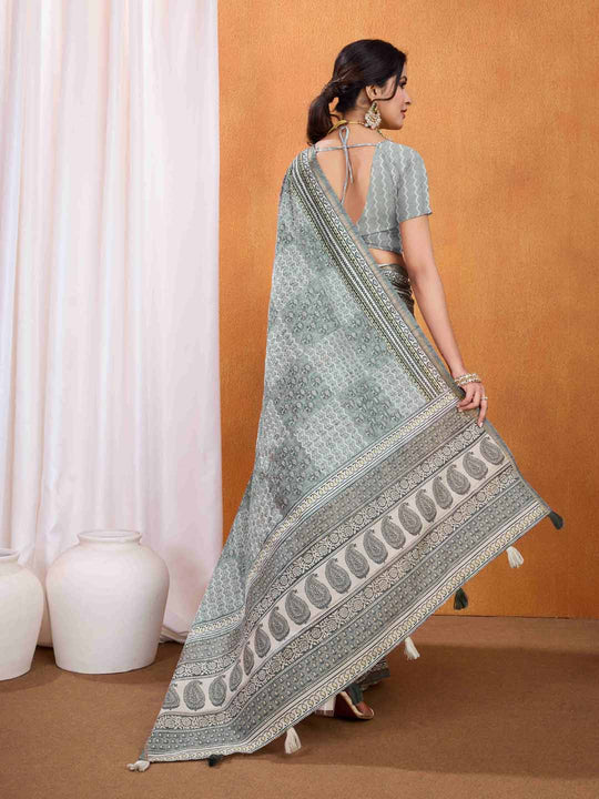 Grey Pure Tussar Silk Ajrakh Block Printed With Blouse Piece