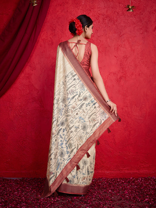 Cream Poly Silk Festival Saree With Blouse Piece