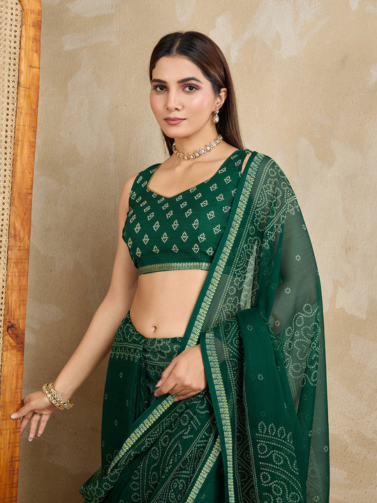 Pure Chiffon Bandhani Printed Saree With Viscose Woven Border And Blouse Piece