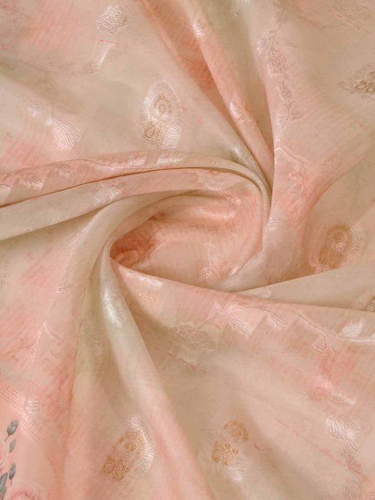 Beige Pure Cotton Lucknowi Woven Banarasi Saree With Ombre Floral Prints