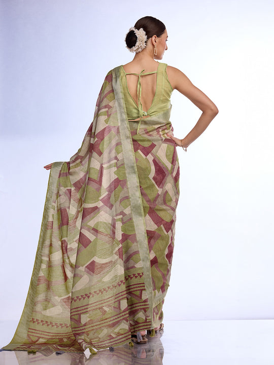 Green Linen Blend Saree With Blouse Piece
