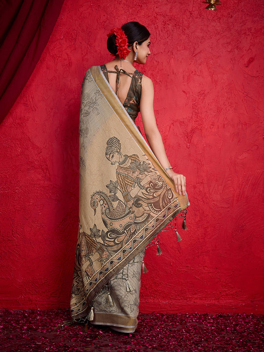 Brown Poly Silk Festival Saree With Blouse Piece