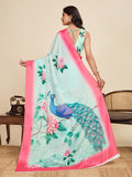 Ice Blue Chinon Saree All Over Single Colour Printed Saree With Blouse Piece