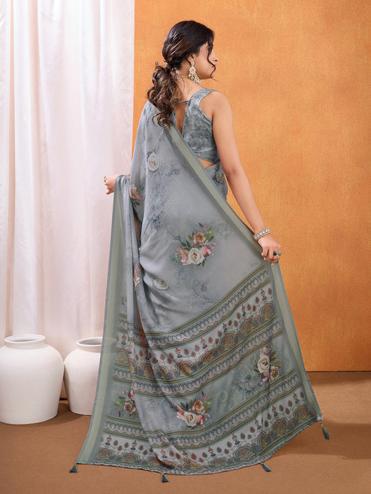 Grey Poly Crepe Party Wear Saree With Blouse Piece
