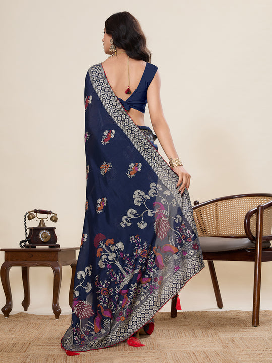 Blue Cotton Saree With All Over Light Single Colour With Table Printed And Border Piping Saree With Blouse Piece