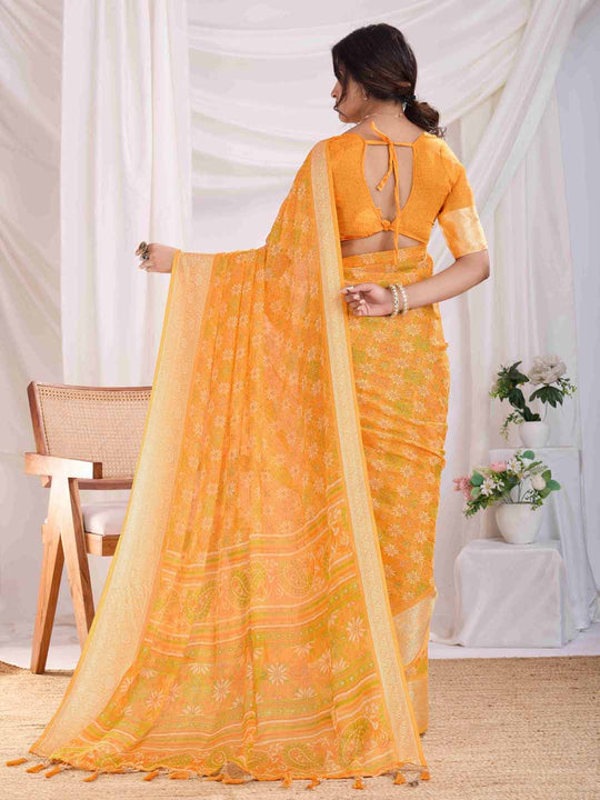 Yellow Pure Chiffon Viscose Border Block Printed Saree With Blouse Piece