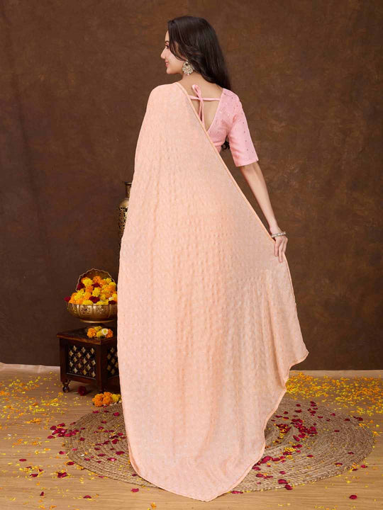 Orange Crepe Georgette Gold Foil Embellished Printed Saree With Blouse Piece