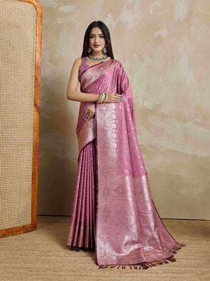 Onion-Pink Pure Satin Banarasi Saree With Tassels Saree With Blouse Piece