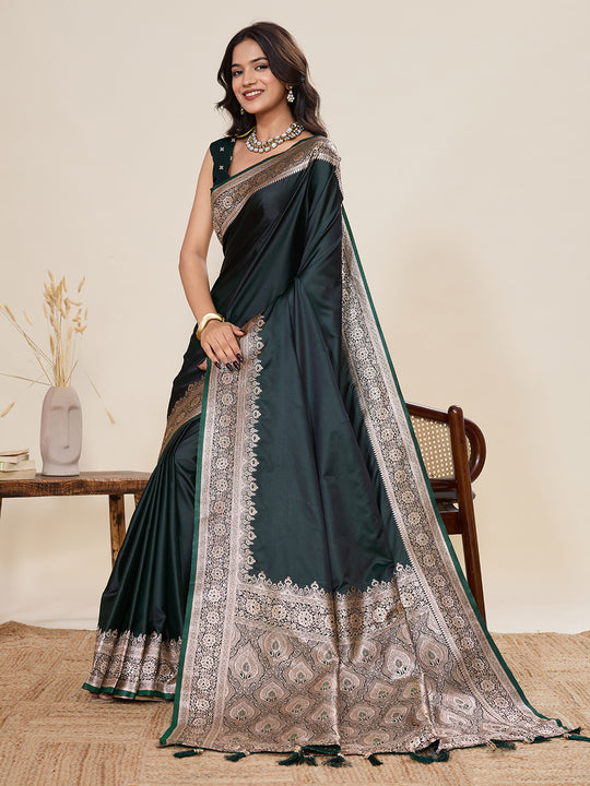 Green Pure Satin Silk Gala Border Concept Weaved With Jari And Minakari Rich Pallu Saree With Blouse Piece