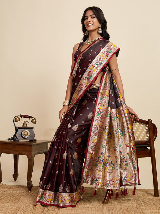 Maroon Soft Silk Sarees Premium Two Tone Satin Fabric With Unique Pathani Designs Saree With Blouse Piece