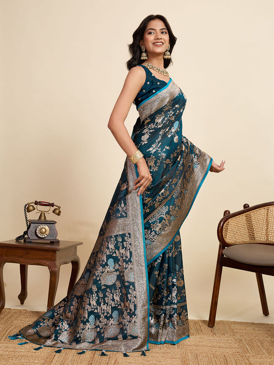Teal Green Soft Silk Sarees Premium Two Tone Satin Fabric With Unique Designs Saree With Blouse Piece