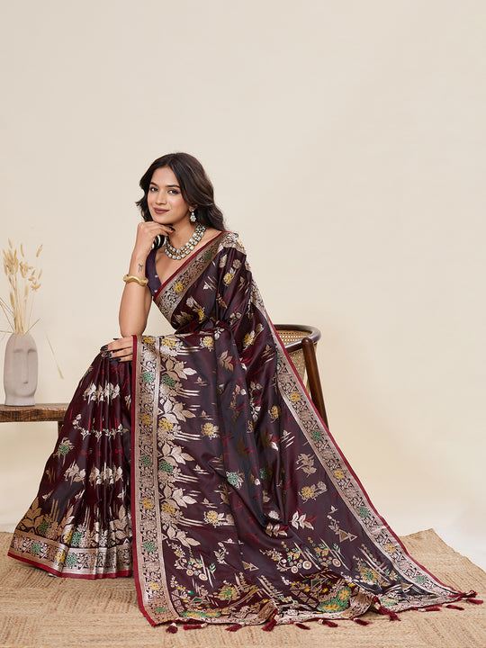 Maroon Soft Silk Sarees Premium Two Tone Satin Fabric With Unique Pathani Type Designs Saree With Blouse Piece