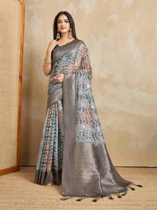 Grey Pure Cotton Tie And Dye Printed Banarasi Rich Pallu Saree With Zari Tassels Saree With Blouse Piece