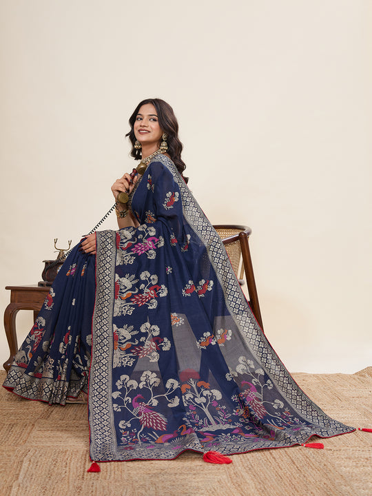 Blue Cotton Saree With All Over Light Single Colour With Table Printed And Border Piping Saree With Blouse Piece