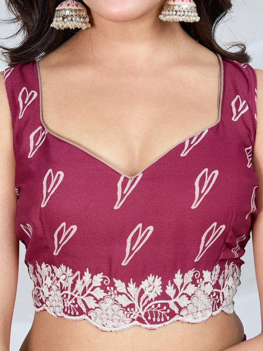 Poly Georgette Geometric Print Saree With Embroidery And Scaloping Work With Unstitched Blouse Piece