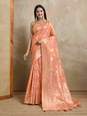 Peach Organza Banarasi Woven Rich Pallu With Blouse Piece