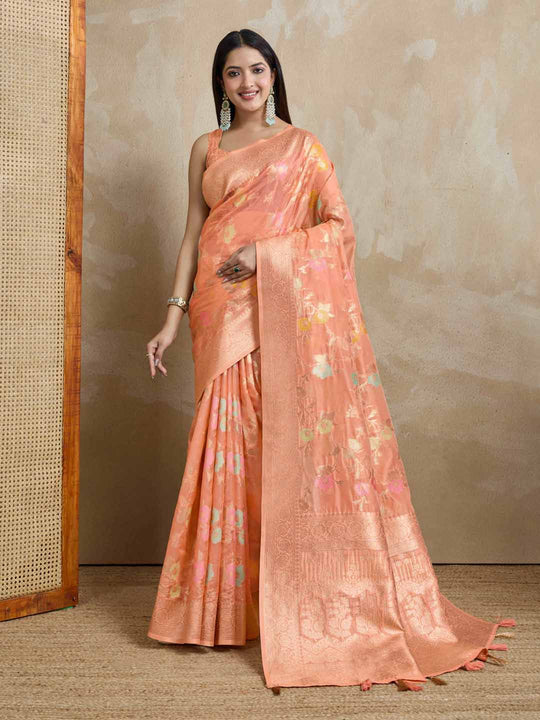 Peach Organza Banarasi Woven Rich Pallu With Blouse Piece