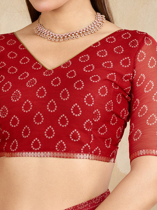 Pure Chiffon Bandhani Printed Saree With Viscose Woven Border And Blouse Piece