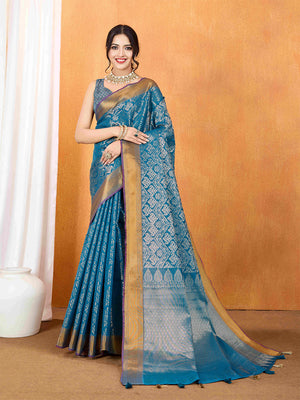 Indigo Blue Ikkat Woven Kajeevaram Silk Rich Pallu With Blouse Piece