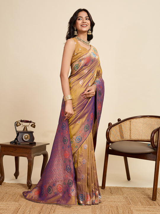 Gold Pure Jacquard Fabrics With Sona Chandi Pure Zari Work Saree With Blouse Piece